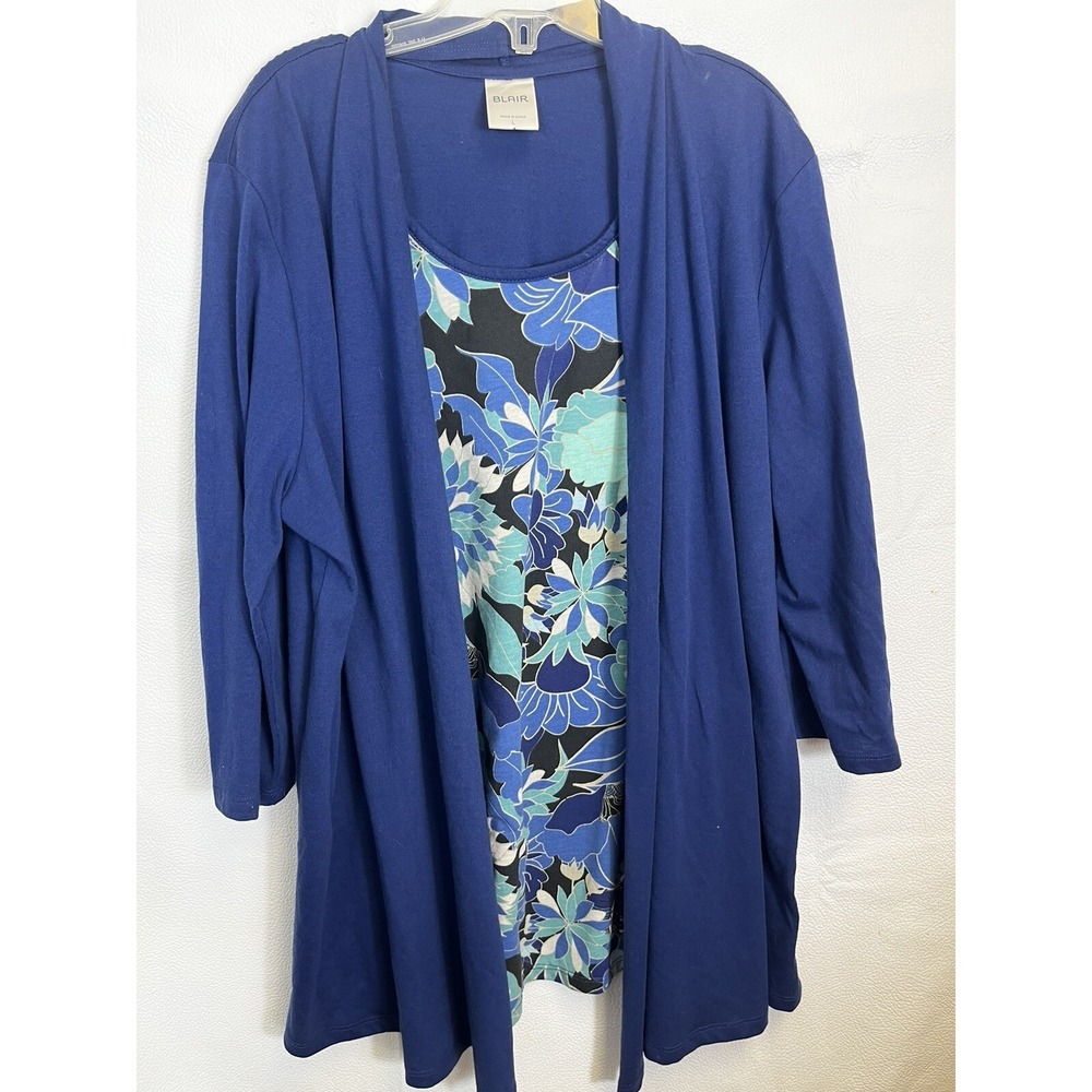 Vintage Blair Blue 3/4 Sleeved Open Front Draped Cardigan with attached Blouse L